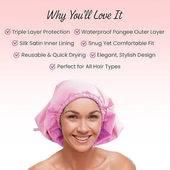 KAV Luxury Triple Layer Shower Caps (Satin) for Women, Reusable Waterproof - Picture 2 of 6